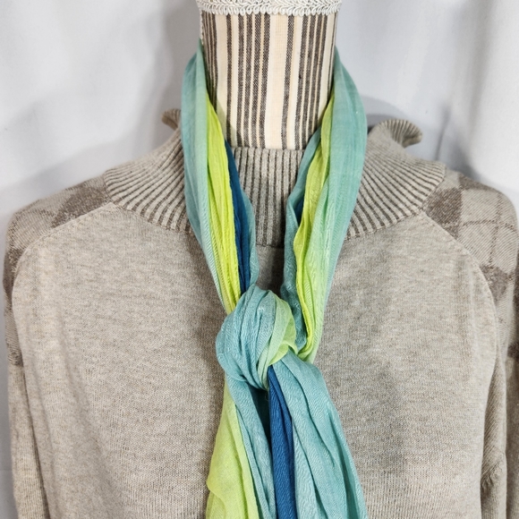 Designer Hues of Yellow Green & Blue Tassel Ends Scarf - Picture 2 of 4